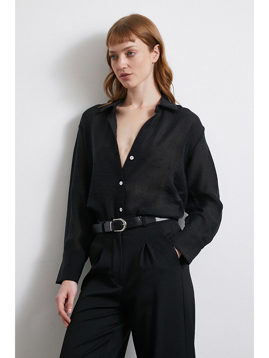 Transparan Saten Gömlek Siyah-4