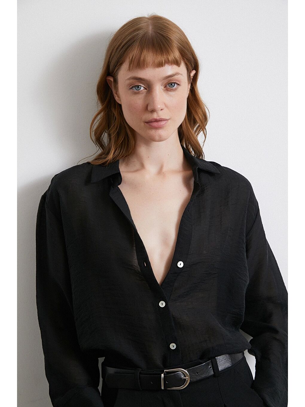 Transparan Saten Gömlek Siyah-5