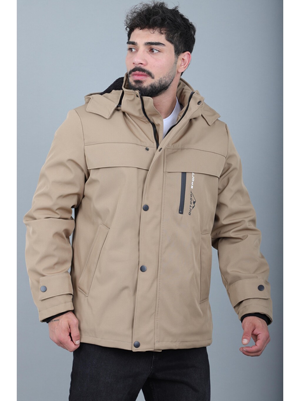 Bej İçi Kürklü Göğüs Detay Softsheel Kışlık Mont Kmd 833_50524-3