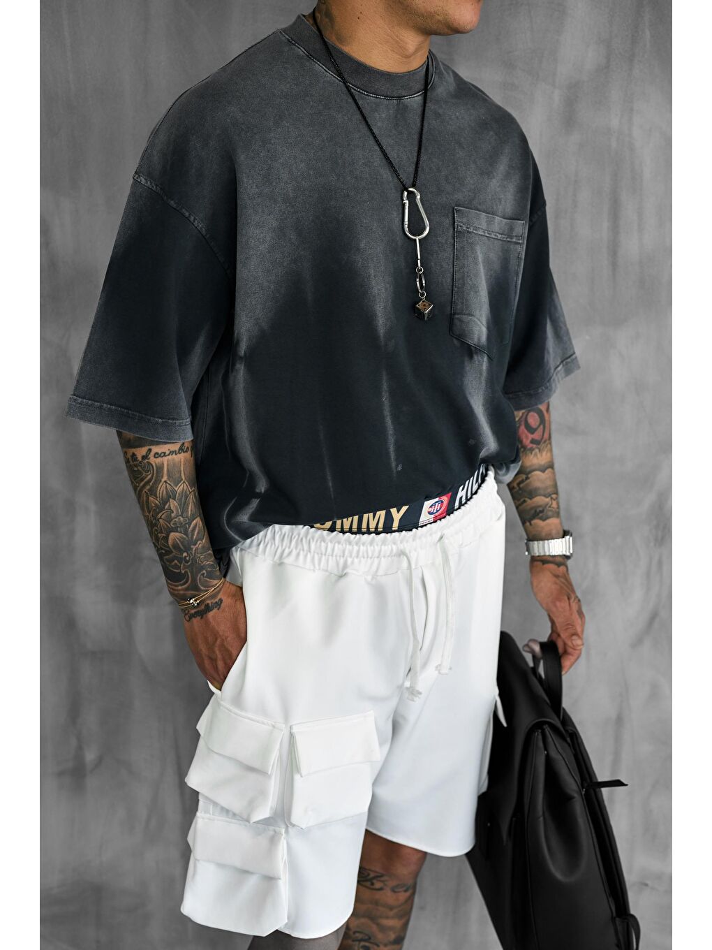 Erkek Beli Lastikli Kargo Cepli Oversize Şort Beyaz-1