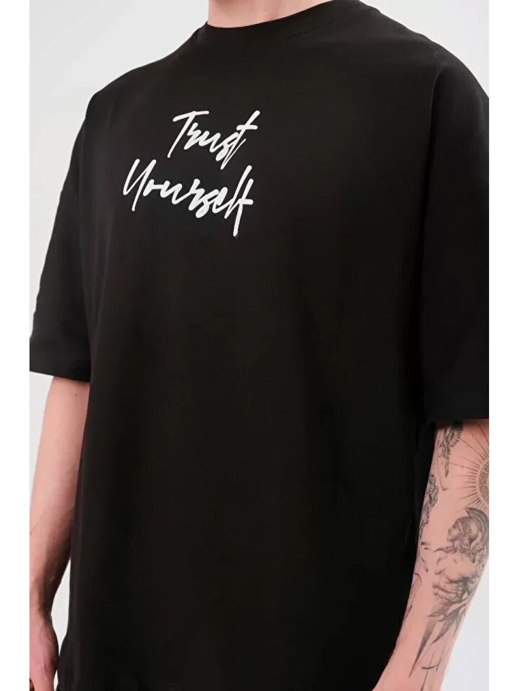 Unisex Bisiklet Yaka Baskılı Oversize T-Shirt - Siyah-1