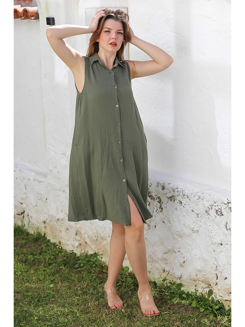 Haki Gömlek Yaka Kolsuz Düğmeli Cepli Yıkamalı Casual Müslin Dokuma Elbise 105 60-6