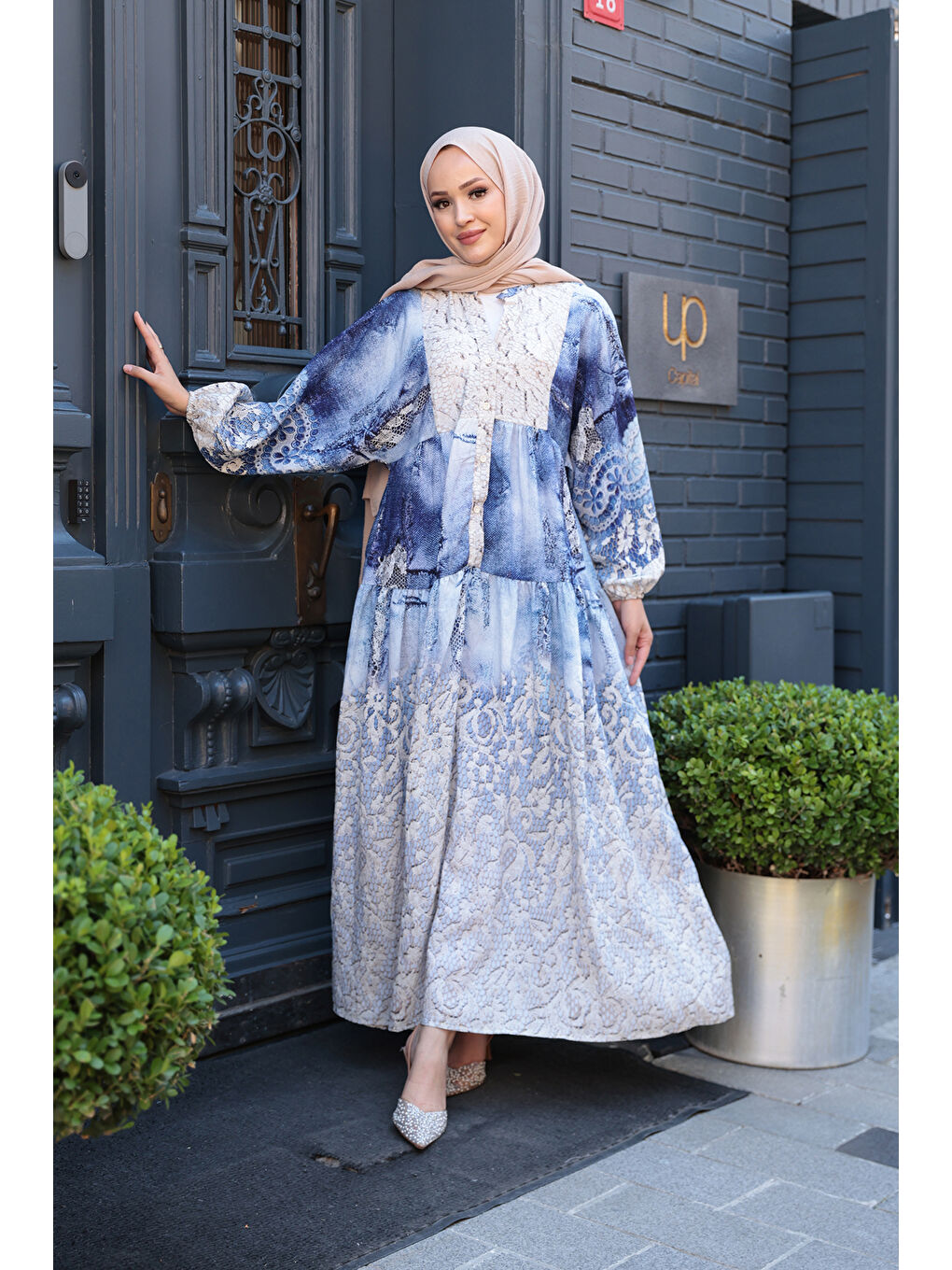 Kadın Dantel Desen Elbise Mavi-1