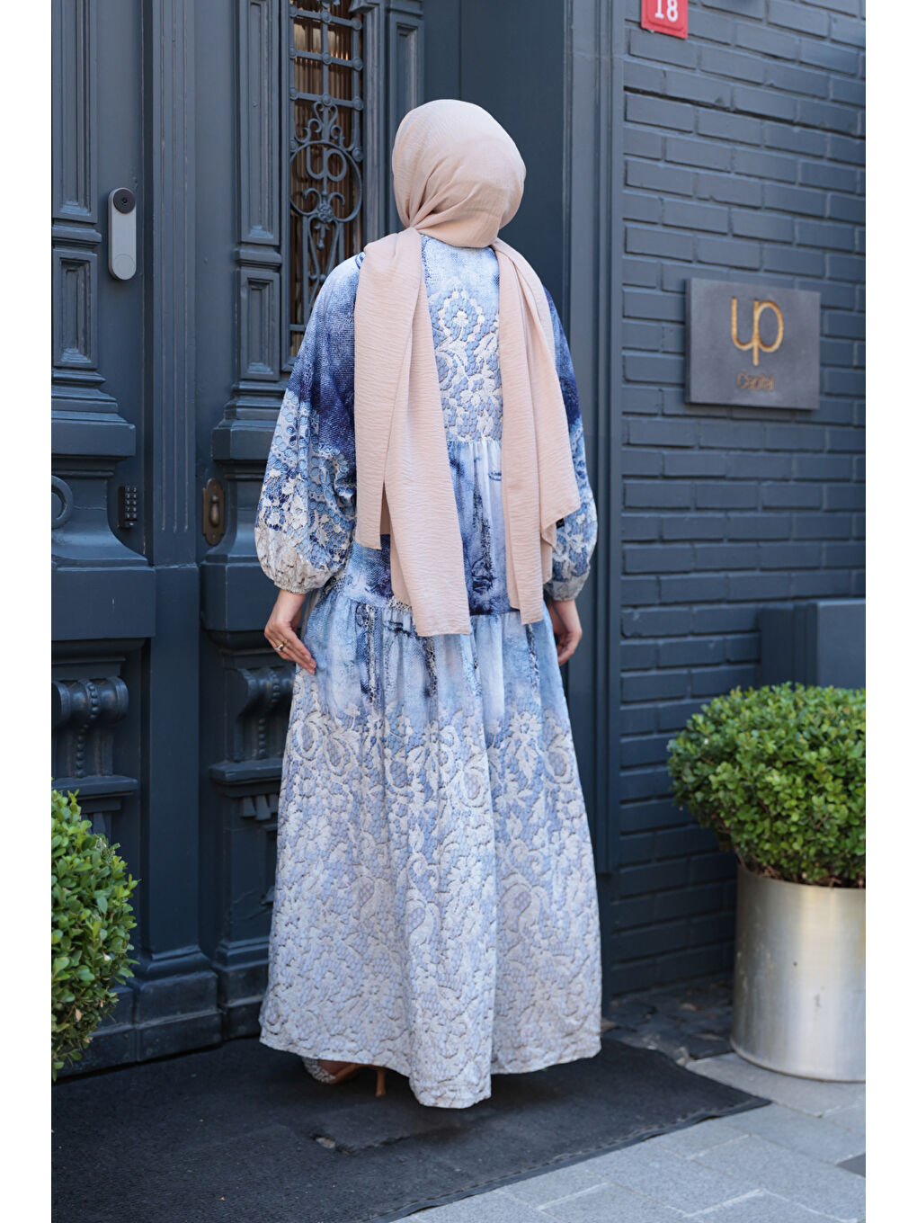 Kadın Dantel Desen Elbise Mavi-2