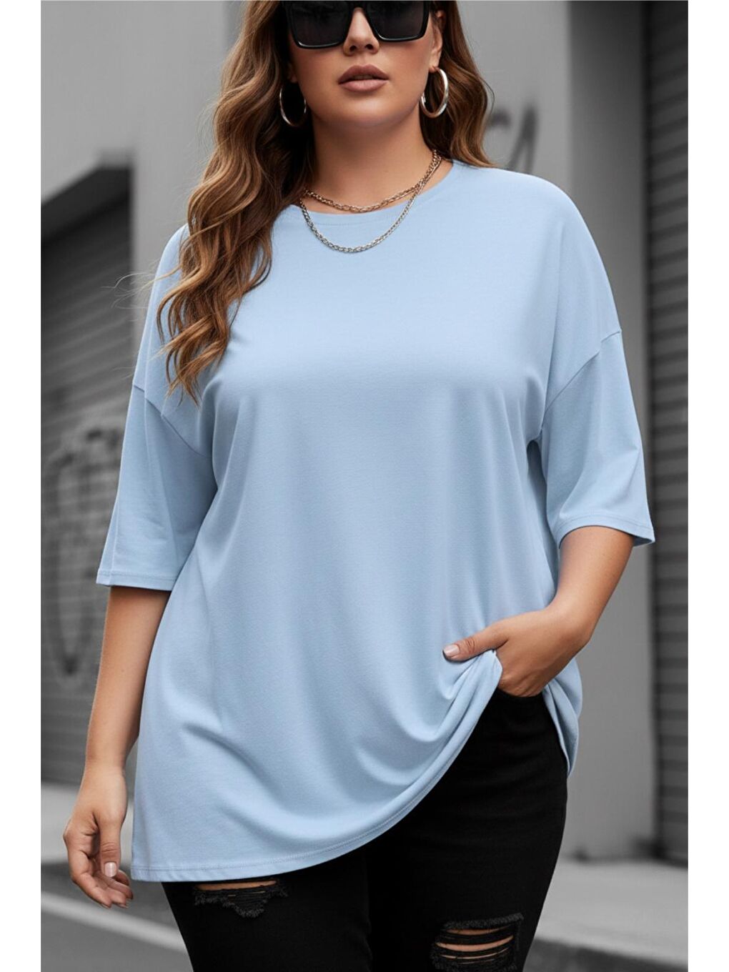 Turkuaz Mily Kadın Büyük Beden Battal Basic Bisiklet Yaka Pamuklu T-Shirt Rahat Kesim Unisex Sevgili Kombini