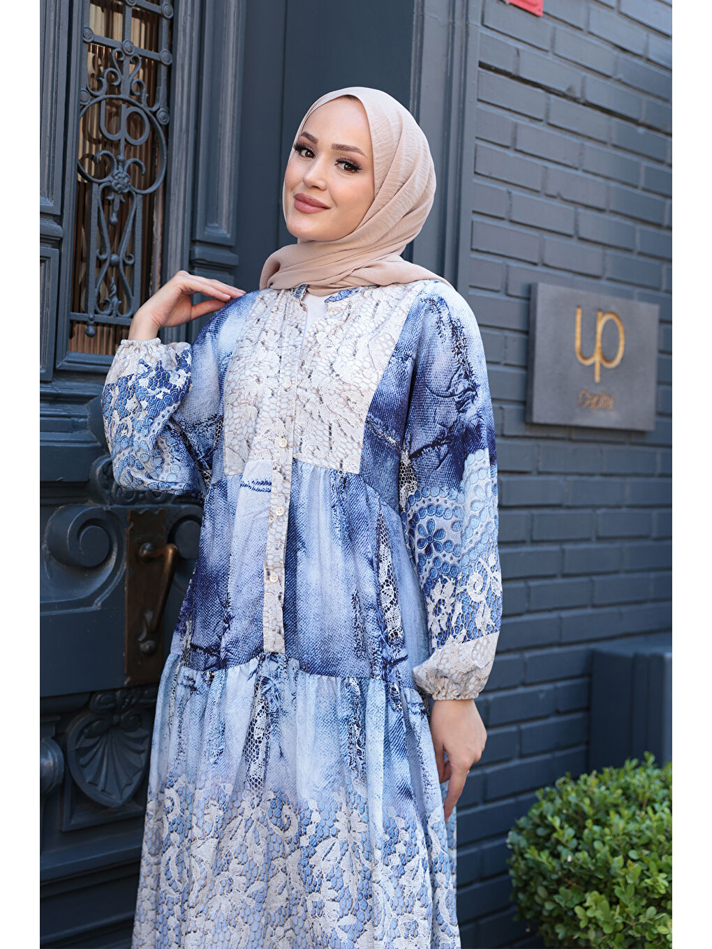 Kadın Dantel Desen Elbise Mavi-3