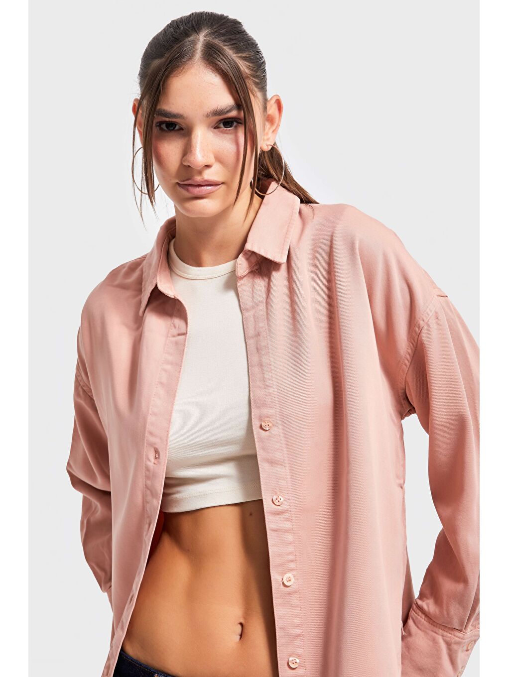 Pembe Kadın Pudra Renk 6s5-21 Organik Pamuk Viskon Kumaş Oversize Gömlek-2