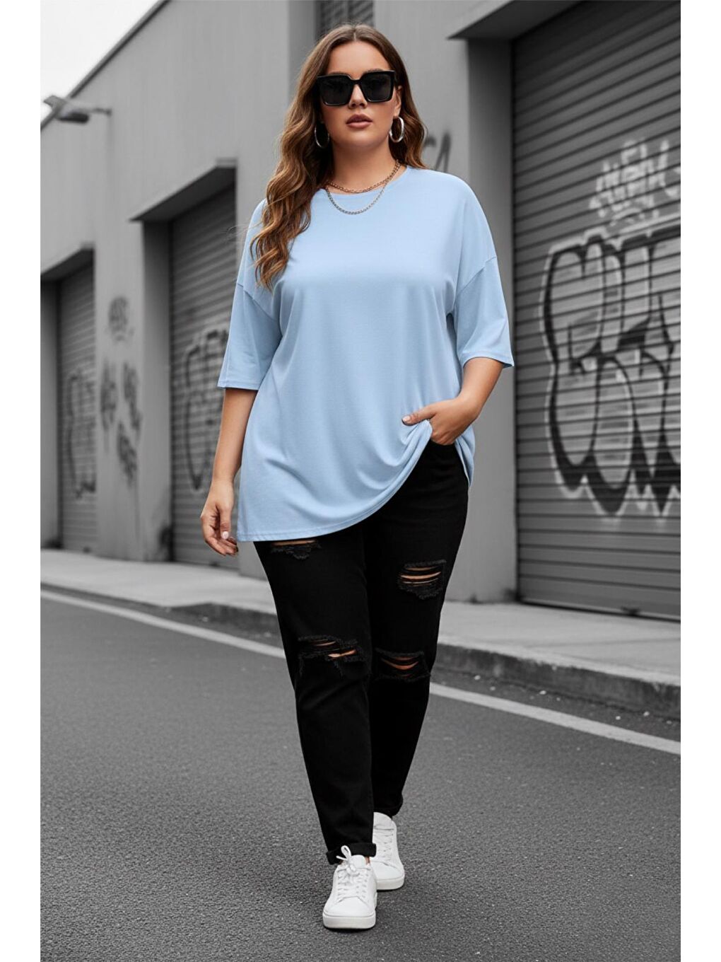 Turkuaz Mily Kadın Büyük Beden Battal Basic Bisiklet Yaka Pamuklu T-Shirt Rahat Kesim Unisex Sevgili Kombini-1