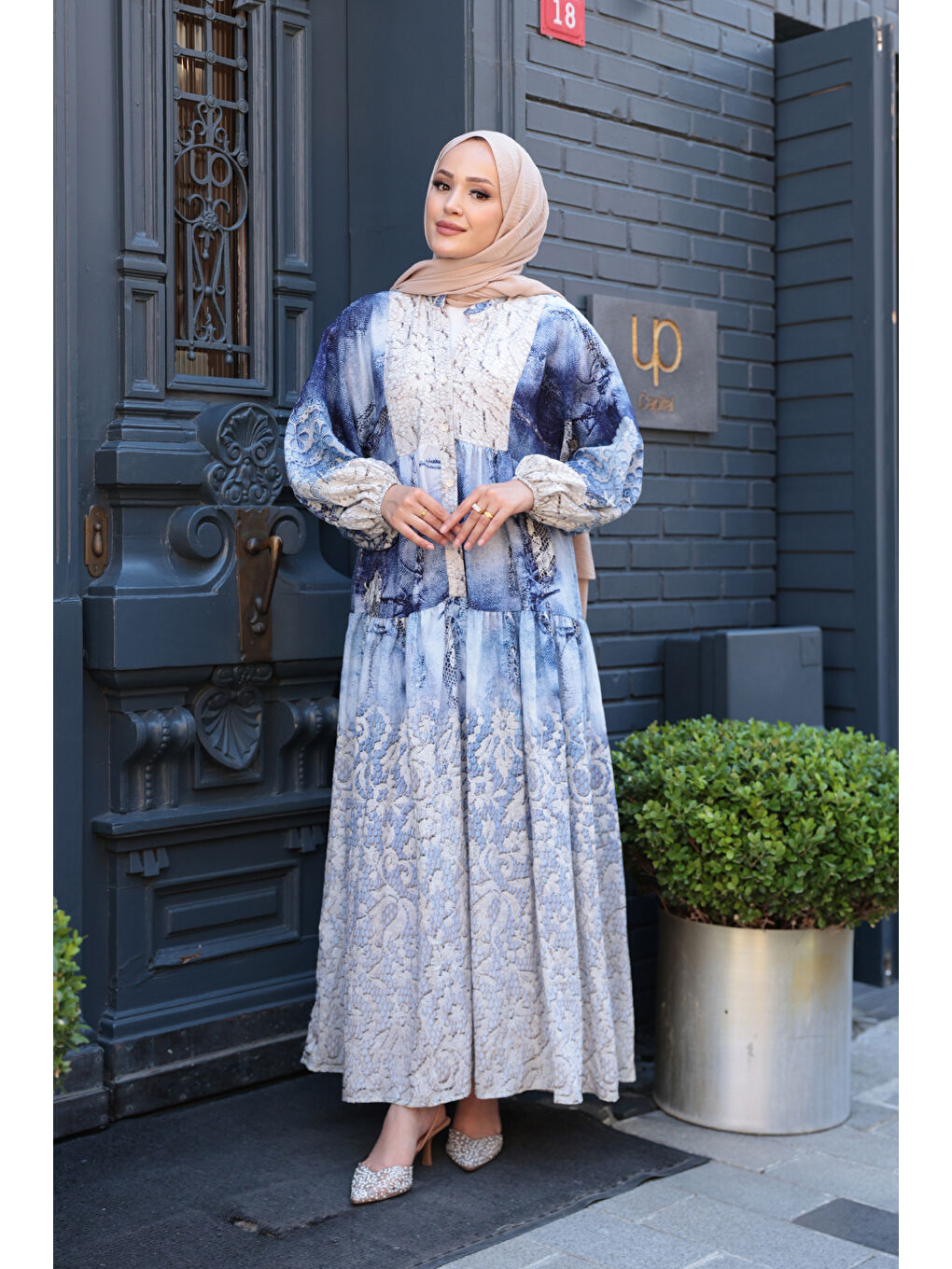 Kadın Dantel Desen Elbise Mavi-4