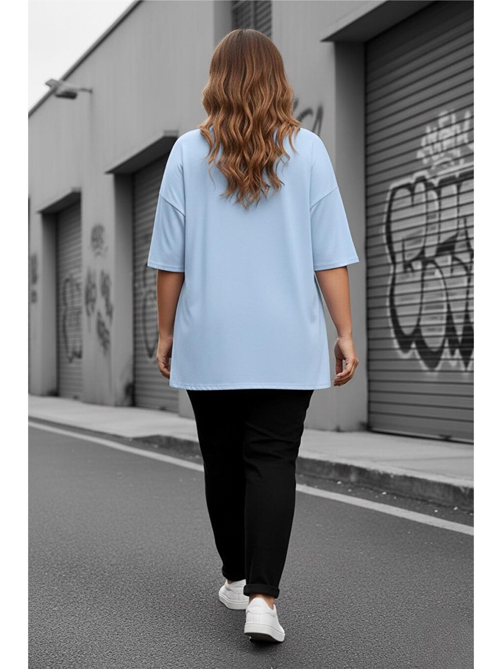 Turkuaz Mily Kadın Büyük Beden Battal Basic Bisiklet Yaka Pamuklu T-Shirt Rahat Kesim Unisex Sevgili Kombini-2