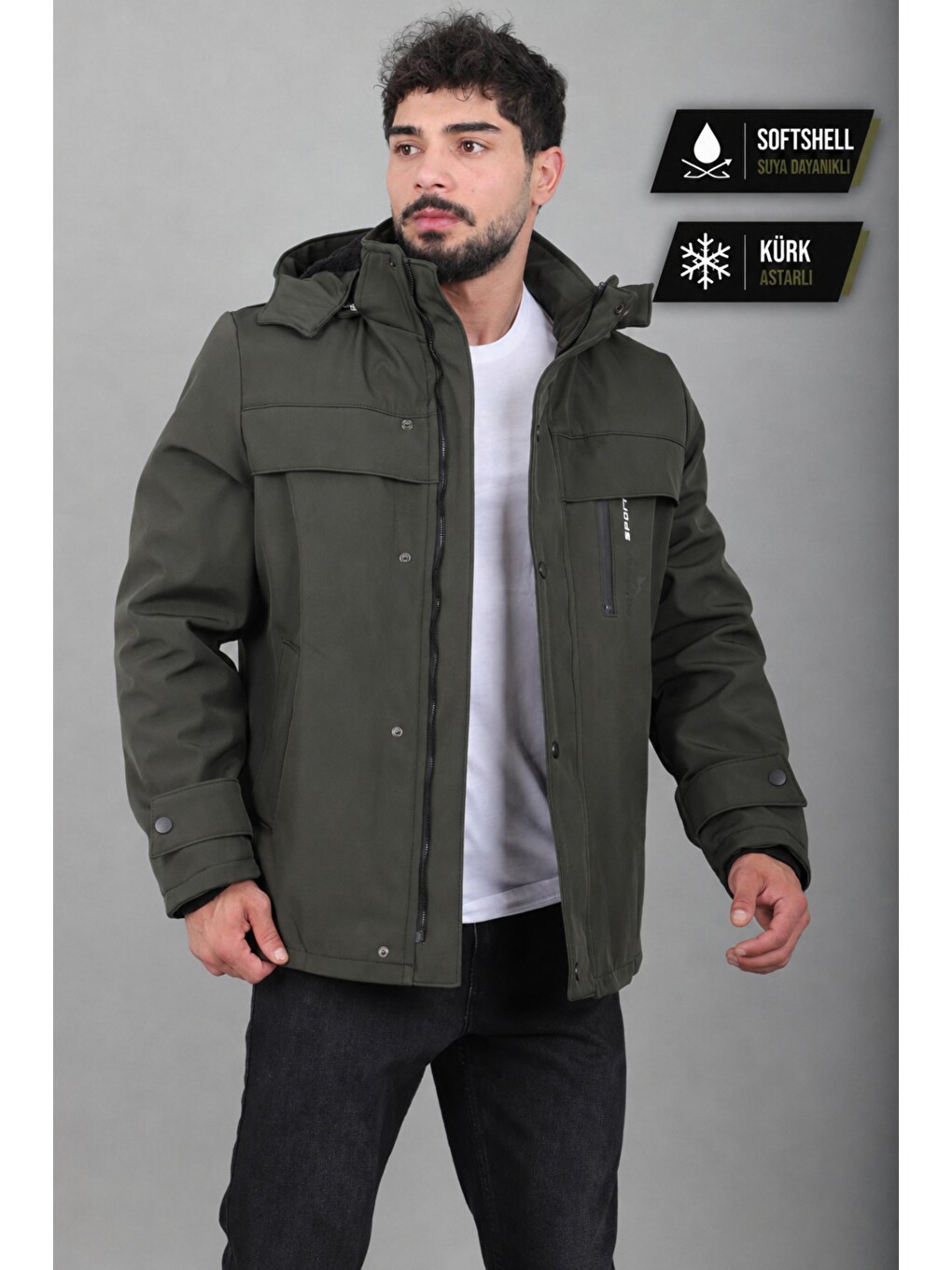 Haki İçi Kürklü Göğüs Detay Softsheel Kışlık Mont Kmd 833_50524-1
