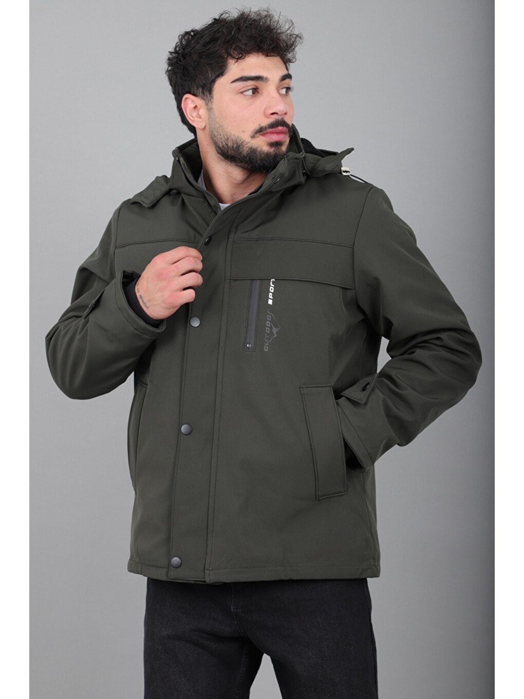 Haki İçi Kürklü Göğüs Detay Softsheel Kışlık Mont Kmd 833_50524-2