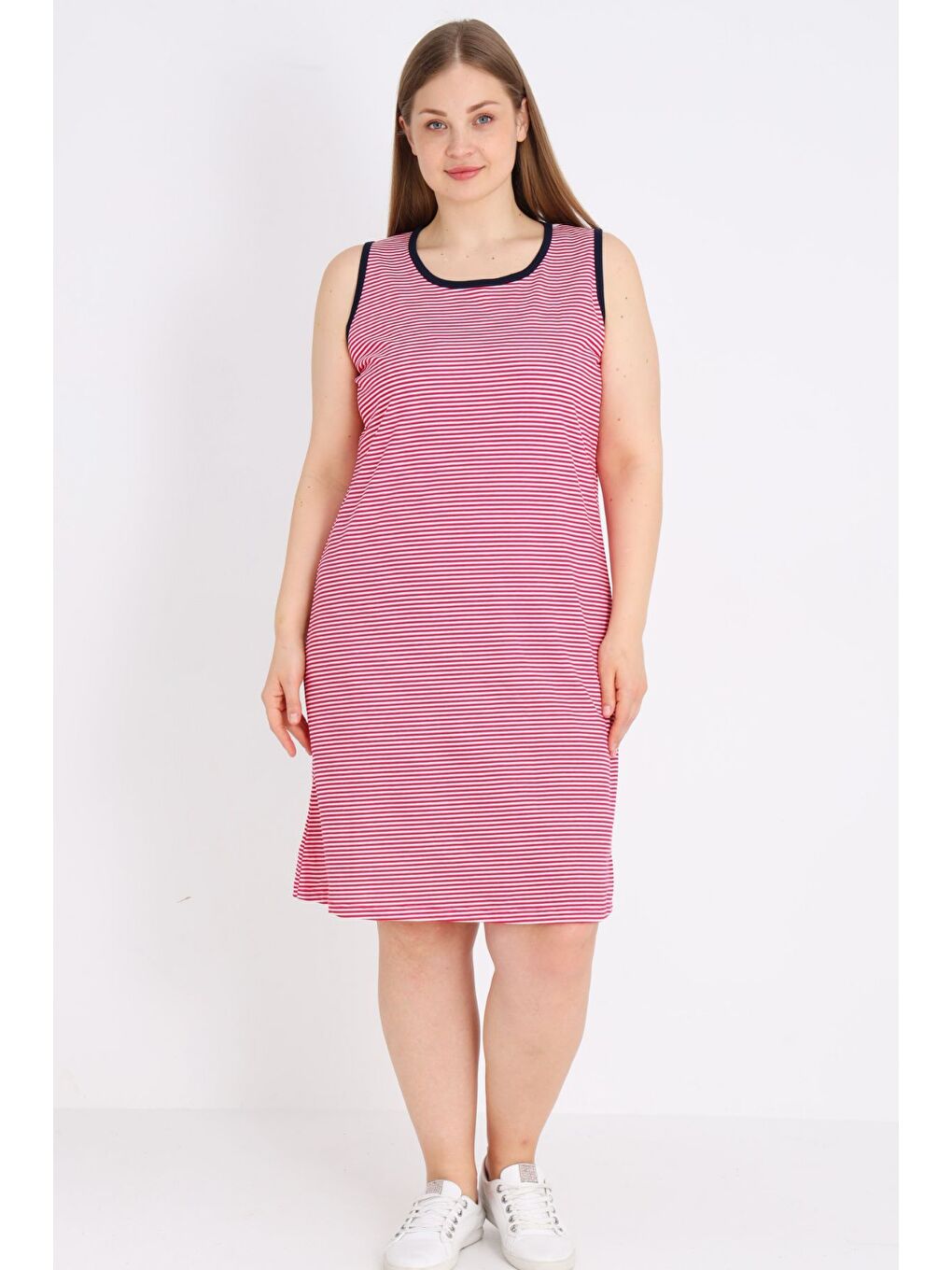 Pembe Kadın Çizgili %100 Pamuk Biye Detaylı Relaxed Elbise