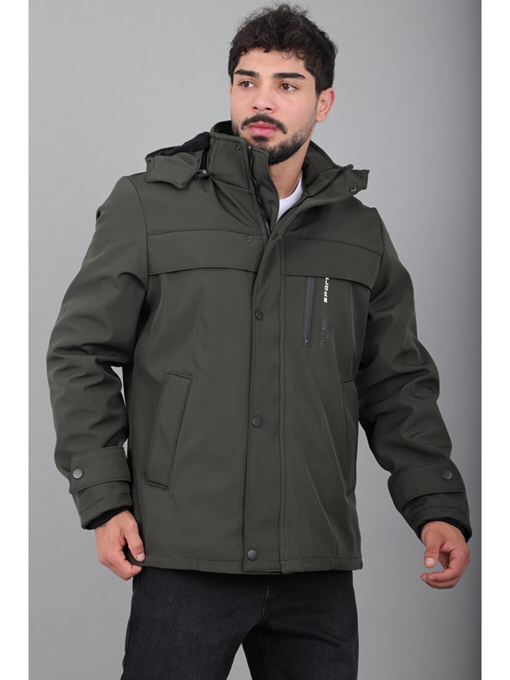 Haki İçi Kürklü Göğüs Detay Softsheel Kışlık Mont Kmd 833_50524-3