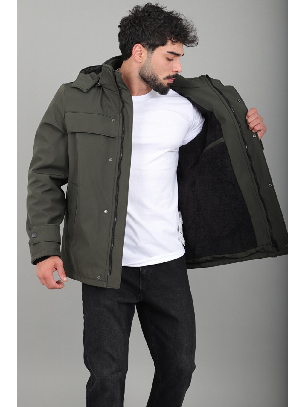 Haki İçi Kürklü Göğüs Detay Softsheel Kışlık Mont Kmd 833_50524-4
