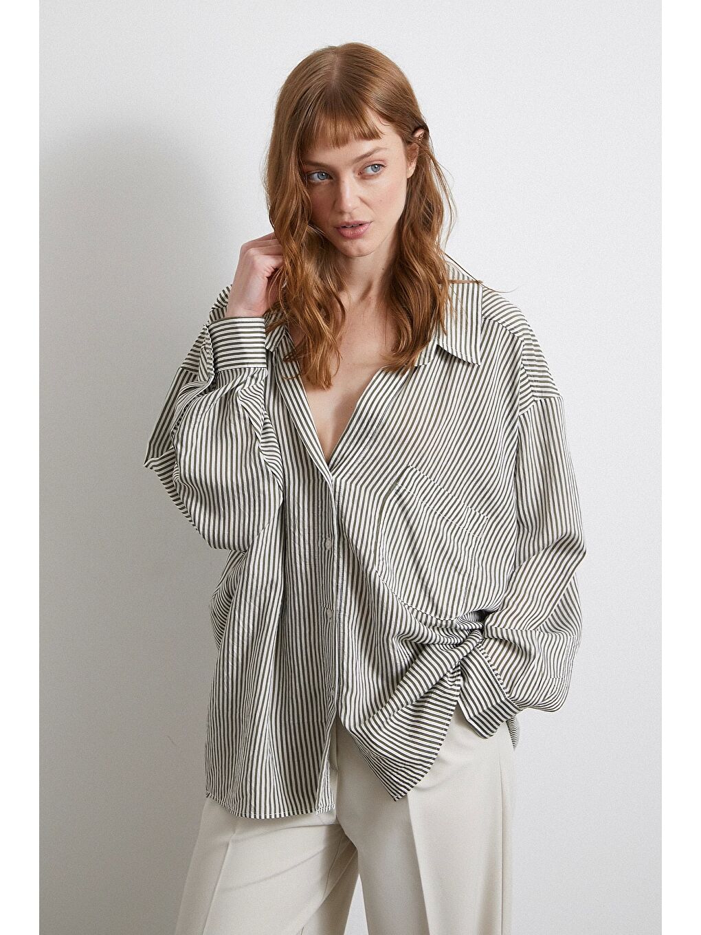 Yarasa Kol Çizgili Gömlek Haki