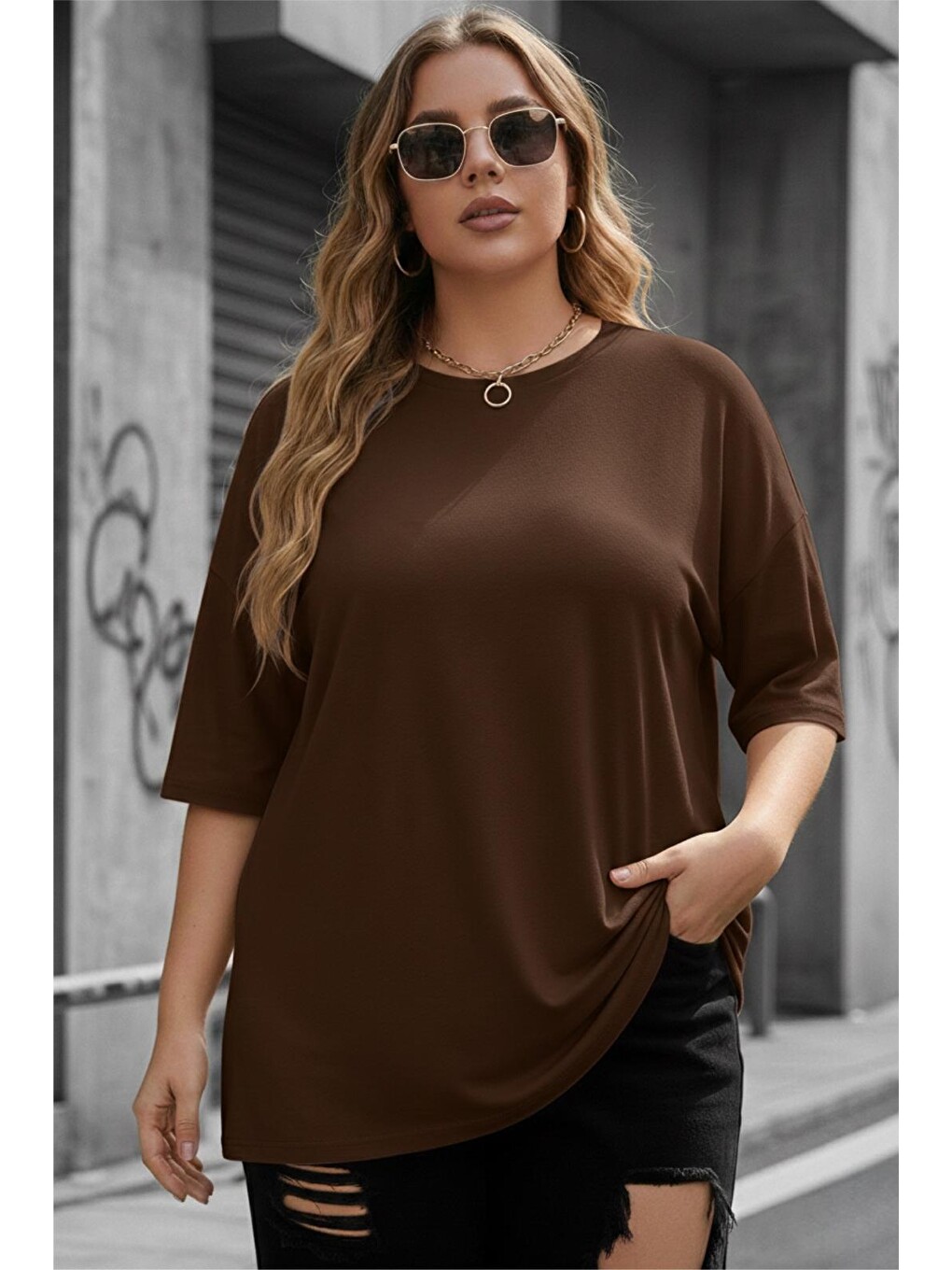 Kahverengi Mily Kadın Büyük Beden Battal Basic Bisiklet Yaka Pamuklu T-Shirt Rahat Kesim Unisex Sevgili Kombini-1