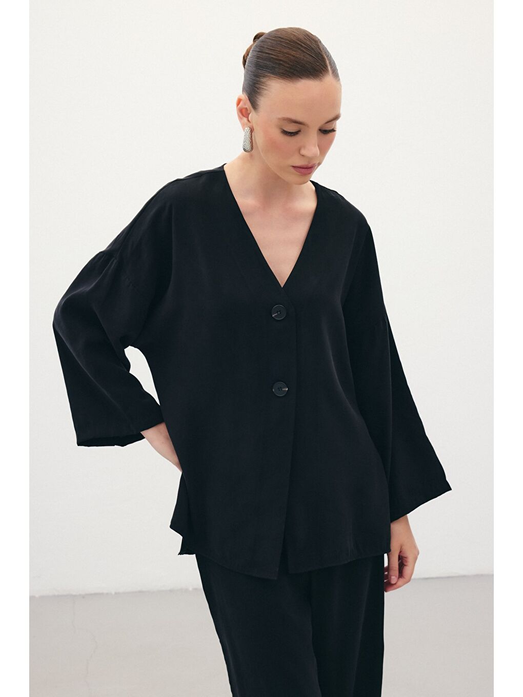 Düğmeli Kimono - Siyah