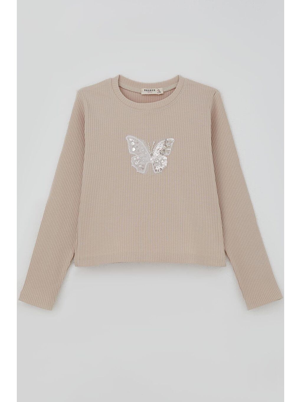 Kız Çocuk Uzun Kollu Tişört Kelebek Arma Detaylı Pullu İncili Bej (8-14 Yaş)