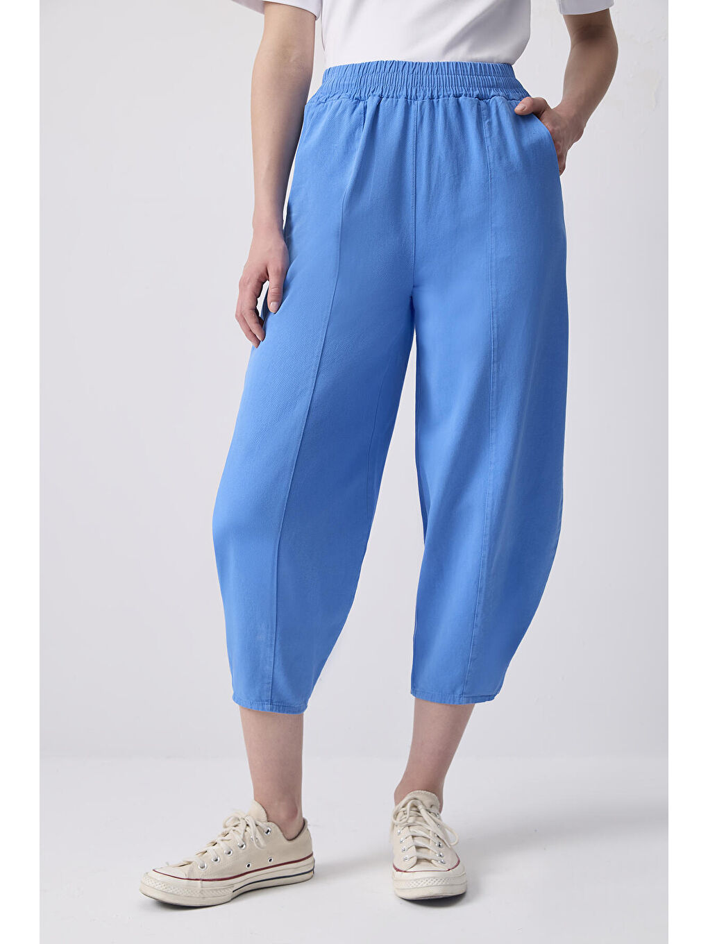 Mavi %100 Pamuklu Beli Lastikli Pantolon-1