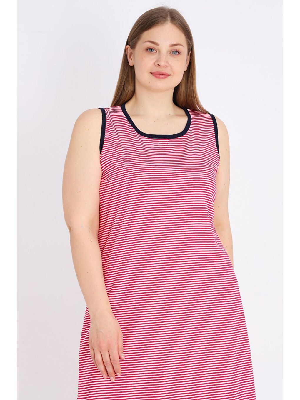 Pembe Kadın Çizgili %100 Pamuk Biye Detaylı Relaxed Elbise-1