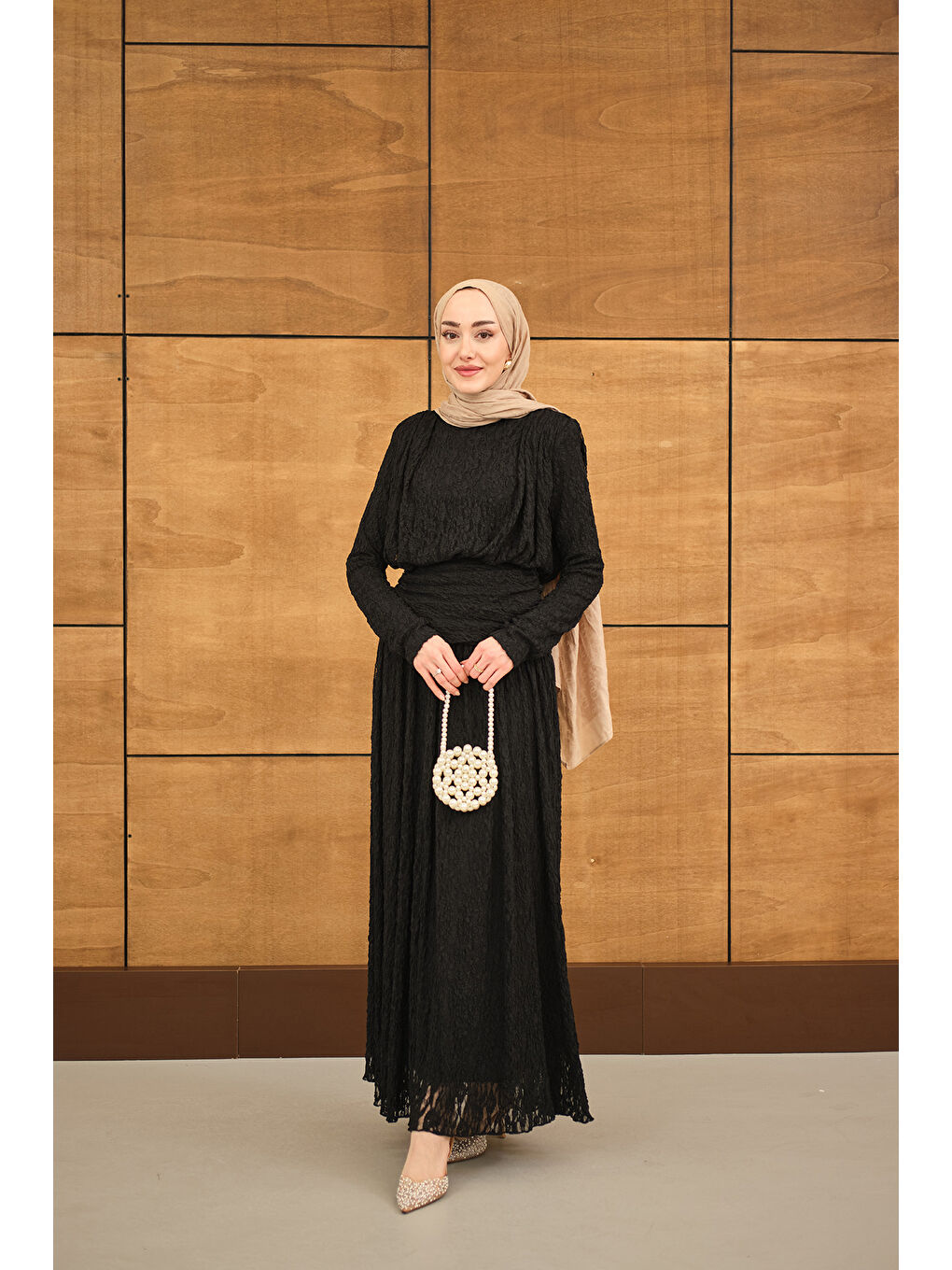 Kadın Tül Kumaş Kendinden Desenli Bel Büzgü Detay Elbise Siyah-3