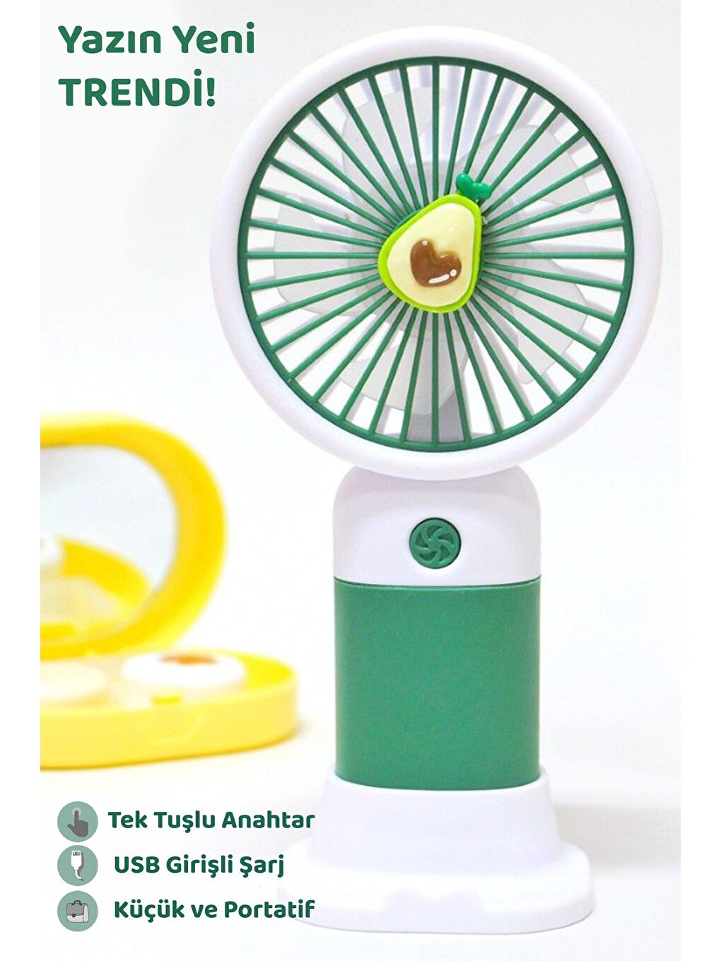 Avokado Figürlü Şarjlı El Fanı - Standlı Taşınabilir Şarj Edilebilir Soğutucu Mini Masa Fanı Yeşil-3