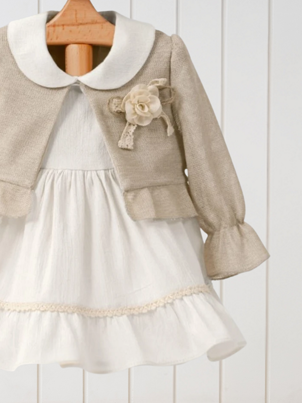 Ekru Bebe Yaka Dantel Detaylı Kız Bebek Elbise ve Bolero 2'li Takım-1