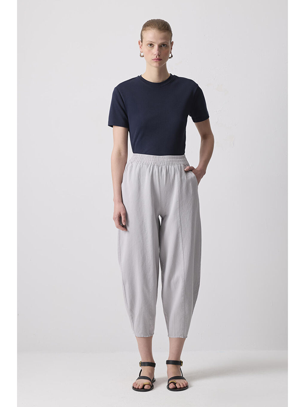 Gri %100 Pamuklu Beli Lastikli Pantolon