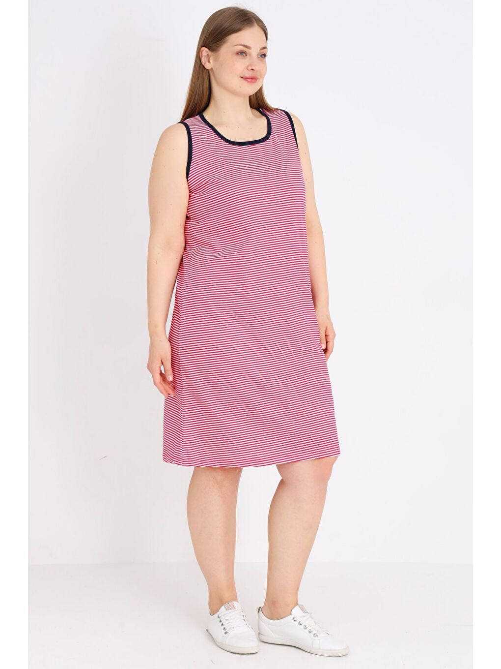 Pembe Kadın Çizgili %100 Pamuk Biye Detaylı Relaxed Elbise-2