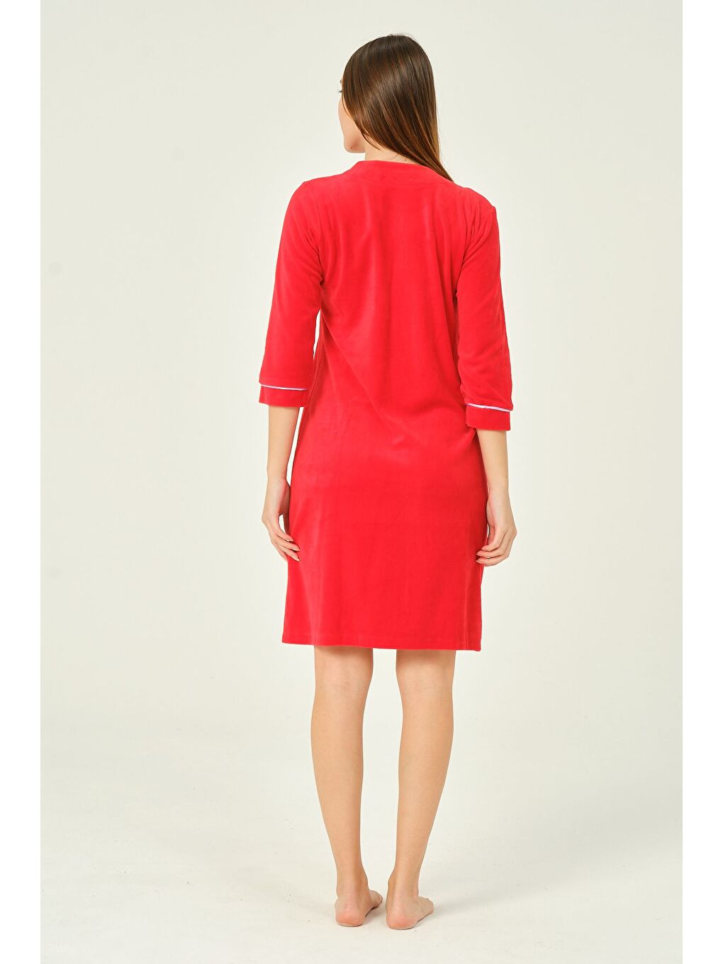 Kırmızı Kadın Fermuarlı Nakış Detaylı Pamuklu Kadife Elbise-4