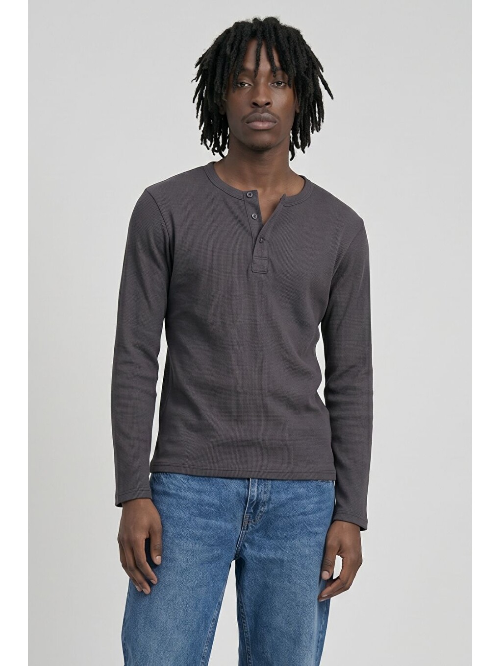 Erkek Antrasit Henley  T-Shirt-1
