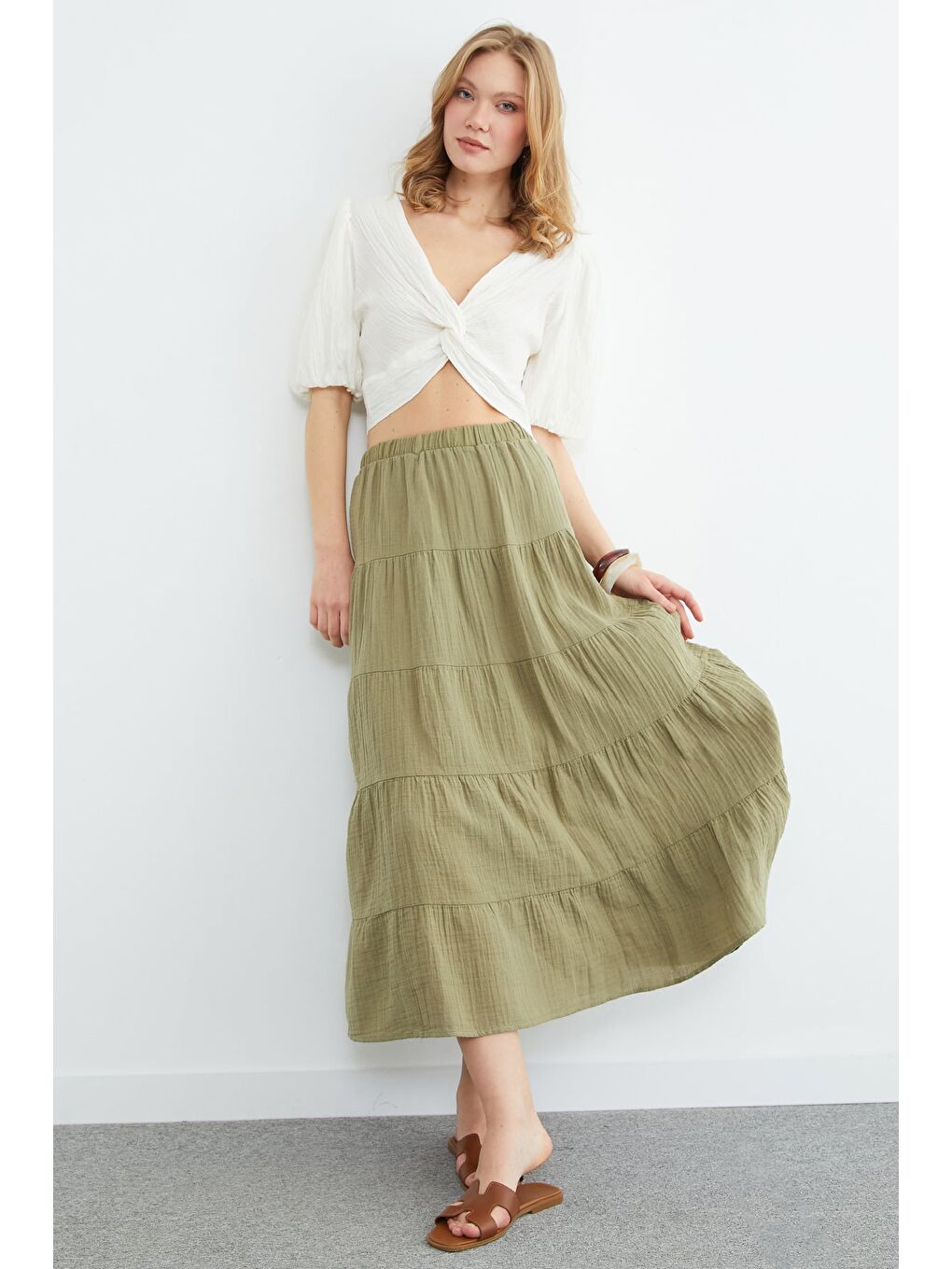 Haki Beli Lastikli Müslin Kumaş Etek