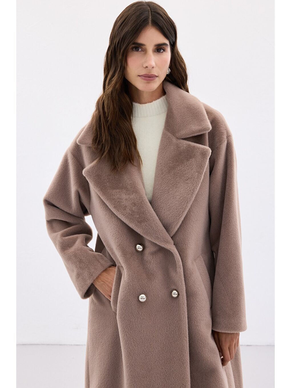 Bej Düğme Detaylı Uzun Kaban - Vizon-4