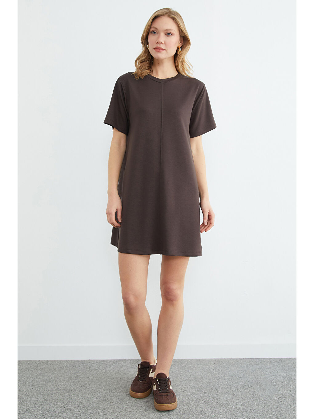 Kahverengi Basic Çimalı Mini Boy Modal Elbise-1