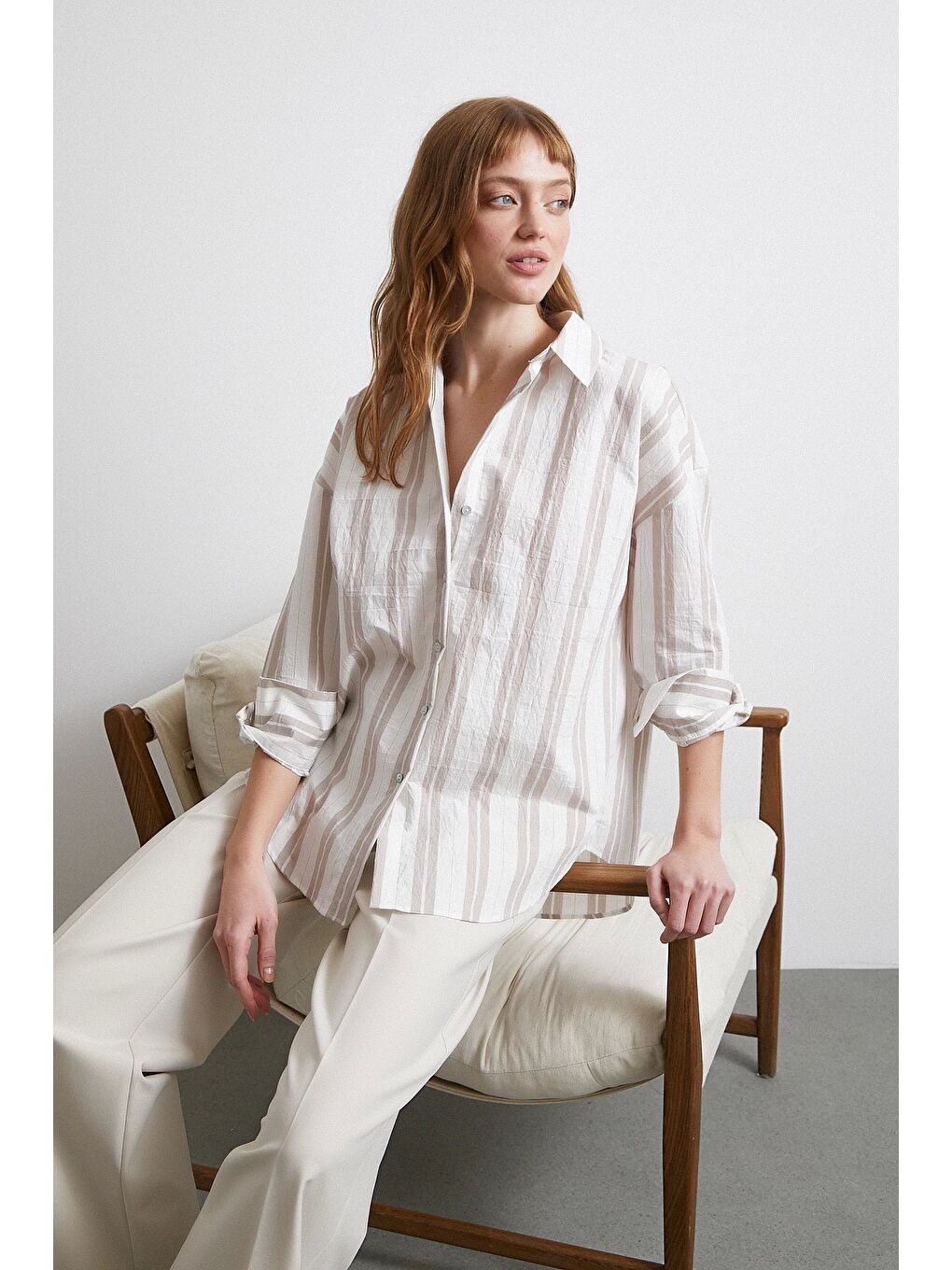 Kahve Çizgili Gömlek Ekru
