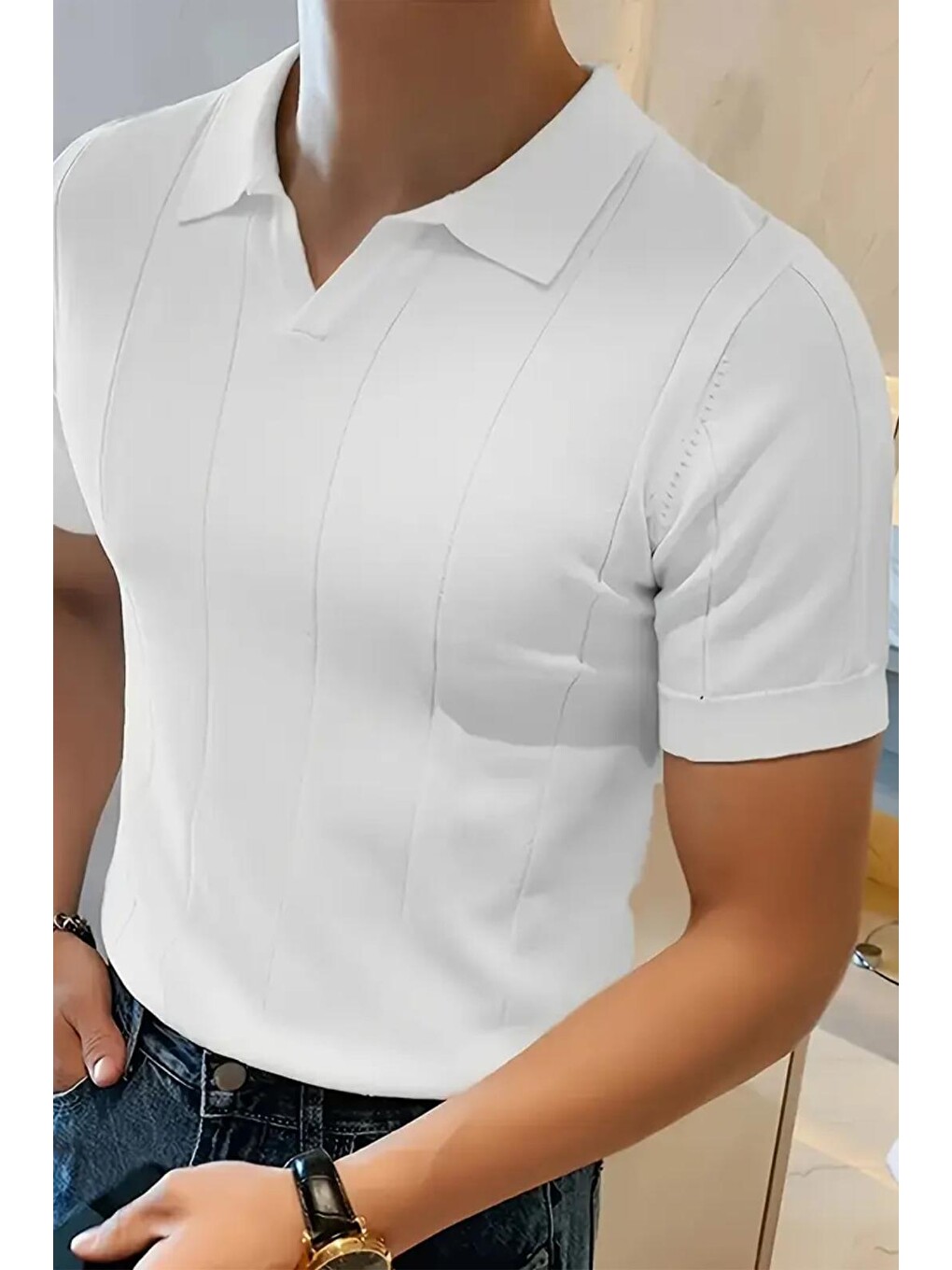 Beyaz Quentin Çizgili Elastanlı Slim Fit Polo Yaka Örme Erkek Triko Tshirt