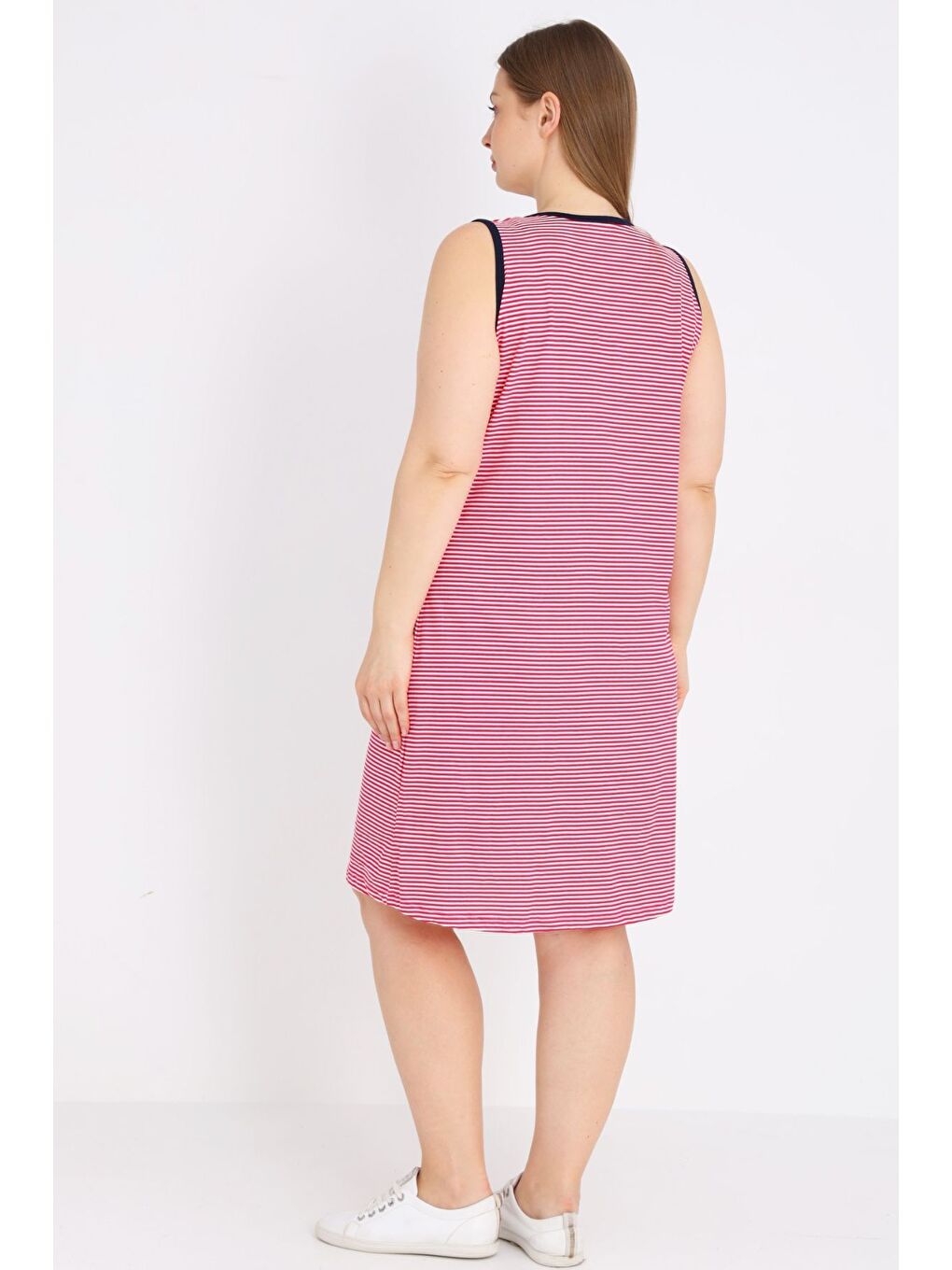 Pembe Kadın Çizgili %100 Pamuk Biye Detaylı Relaxed Elbise-3