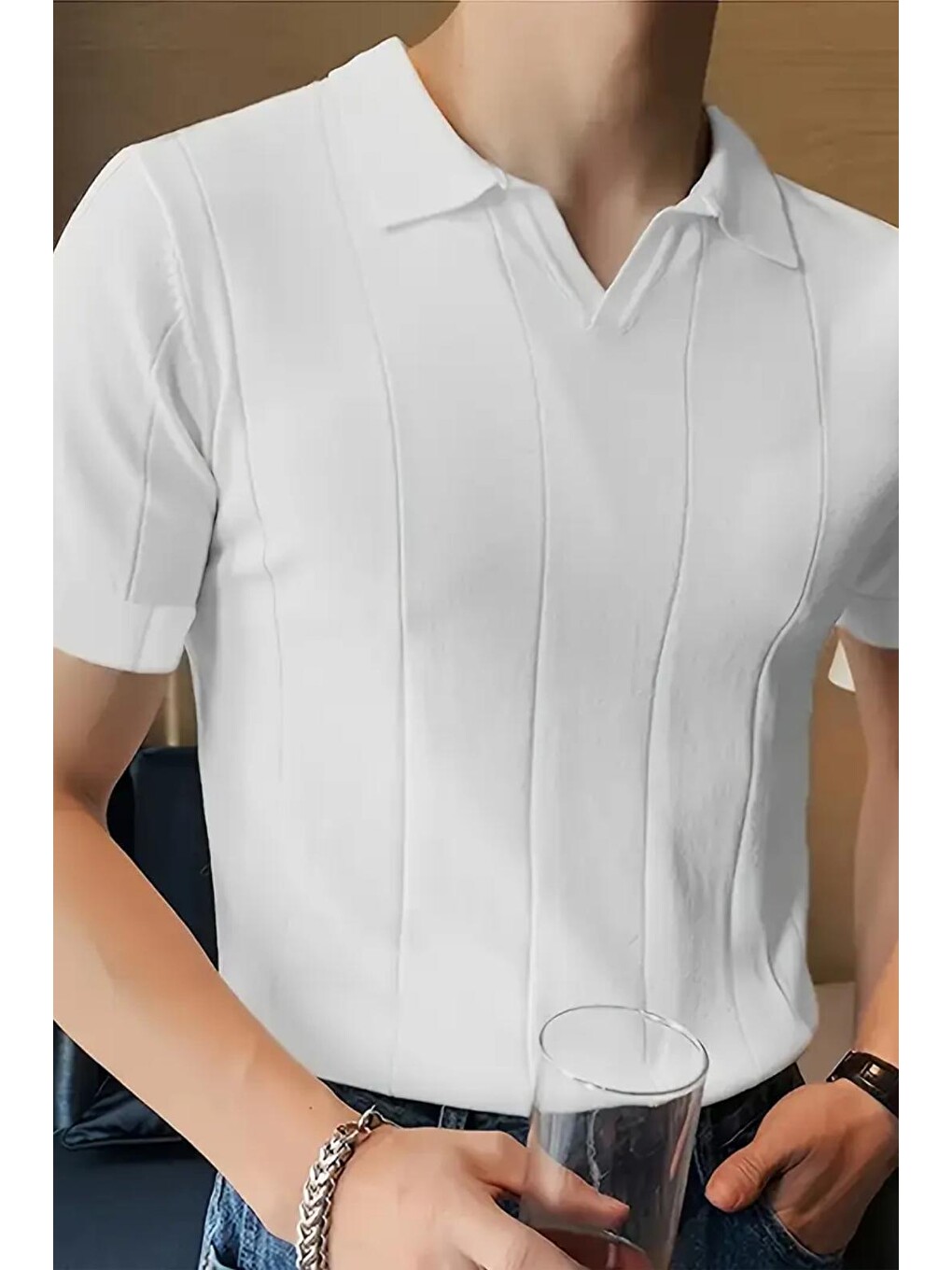 Beyaz Quentin Çizgili Elastanlı Slim Fit Polo Yaka Örme Erkek Triko Tshirt-1