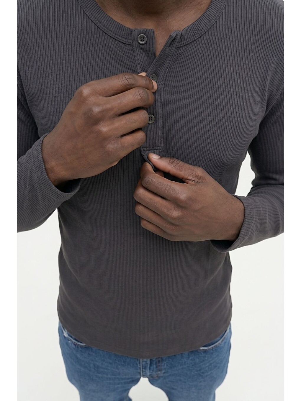 Erkek Antrasit Henley  T-Shirt-3