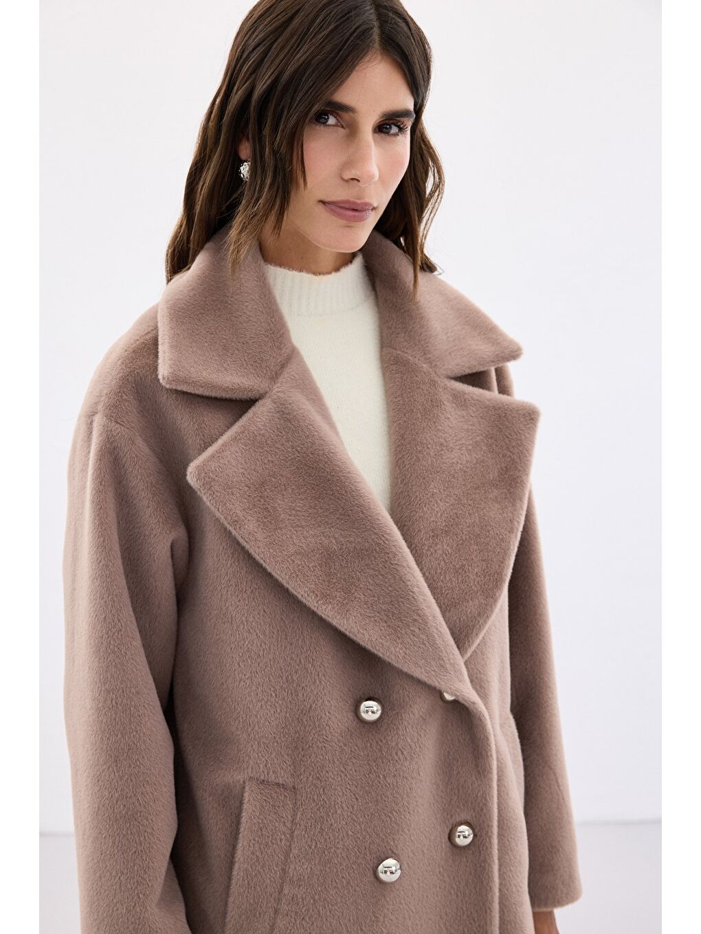 Bej Düğme Detaylı Uzun Kaban - Vizon-5