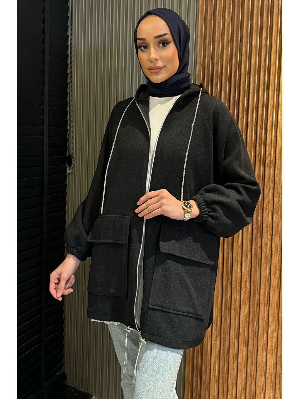 Antrasit Fermuarlı Kapüşonlu Tesettür Kaşe Ceket