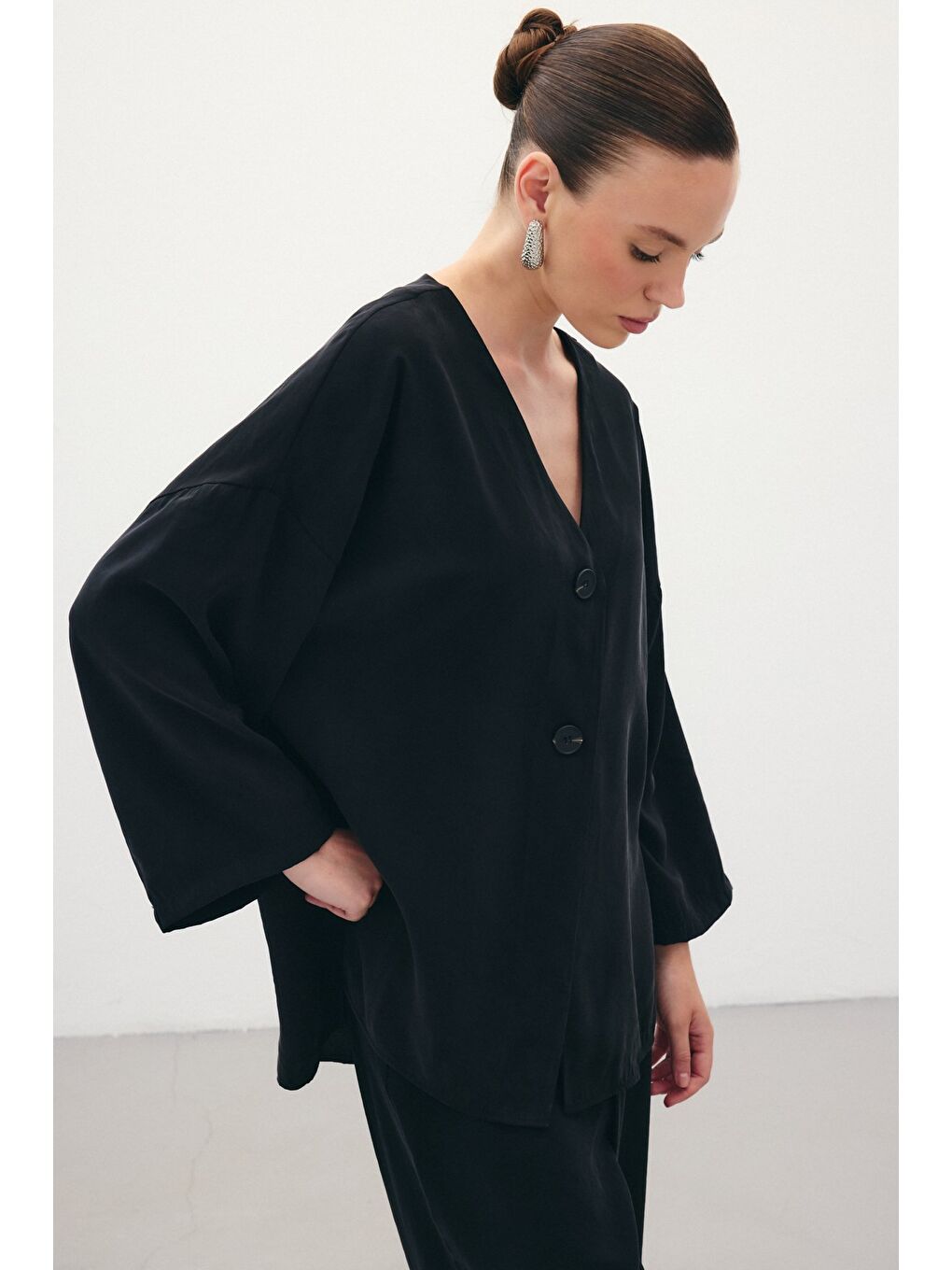 Düğmeli Kimono - Siyah-2