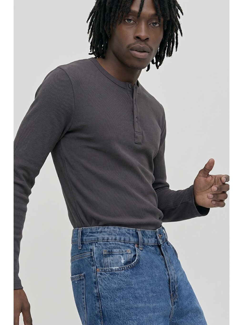Erkek Antrasit Henley  T-Shirt-4