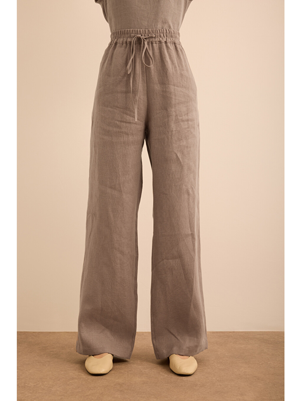 Bej Vizon Beli Lastikli Keten Pantolon-1