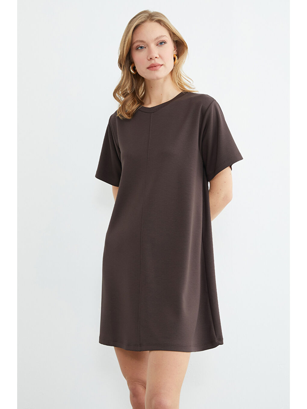 Kahverengi Basic Çimalı Mini Boy Modal Elbise-2