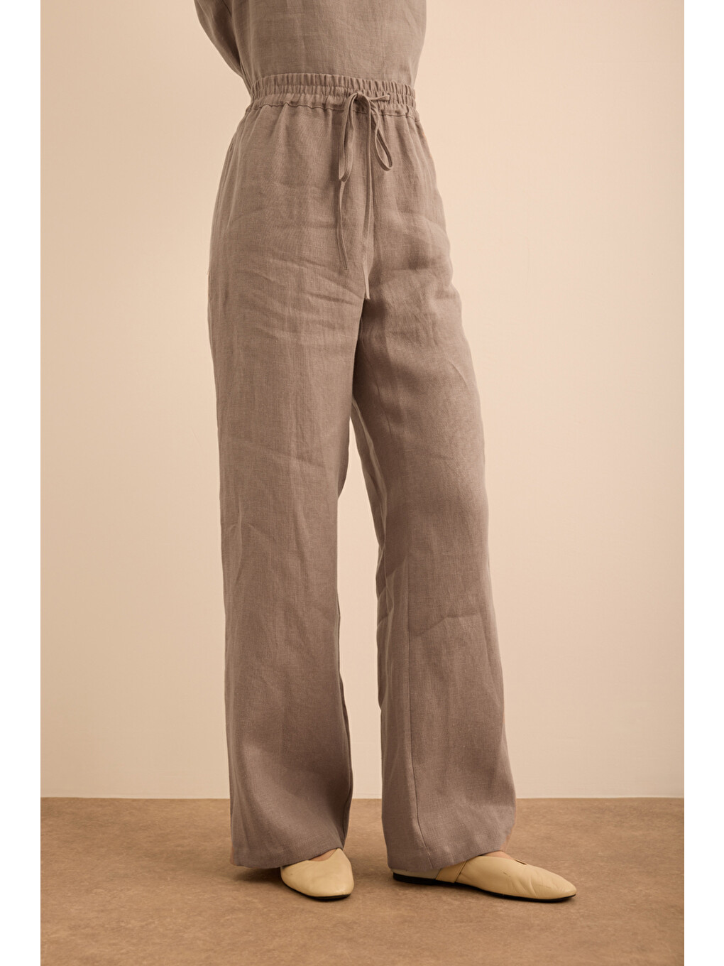 Bej Vizon Beli Lastikli Keten Pantolon-2