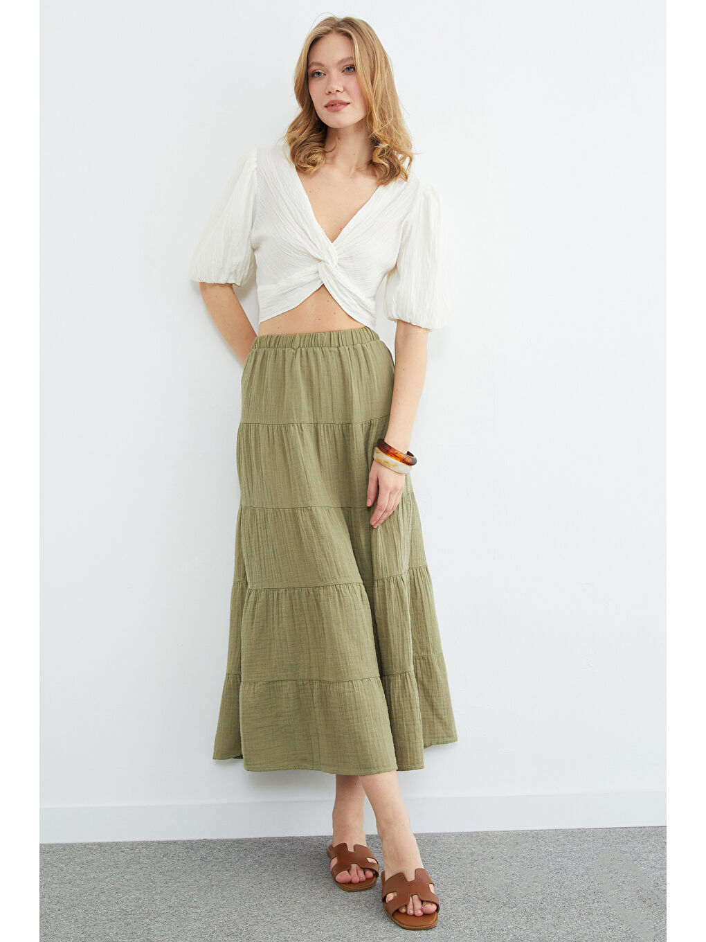 Haki Beli Lastikli Müslin Kumaş Etek-1