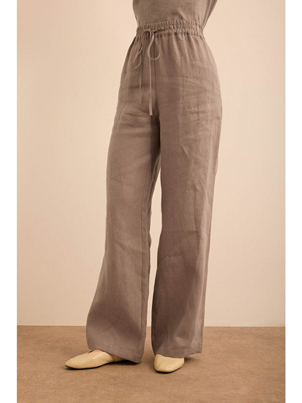 Bej Vizon Beli Lastikli Keten Pantolon-3