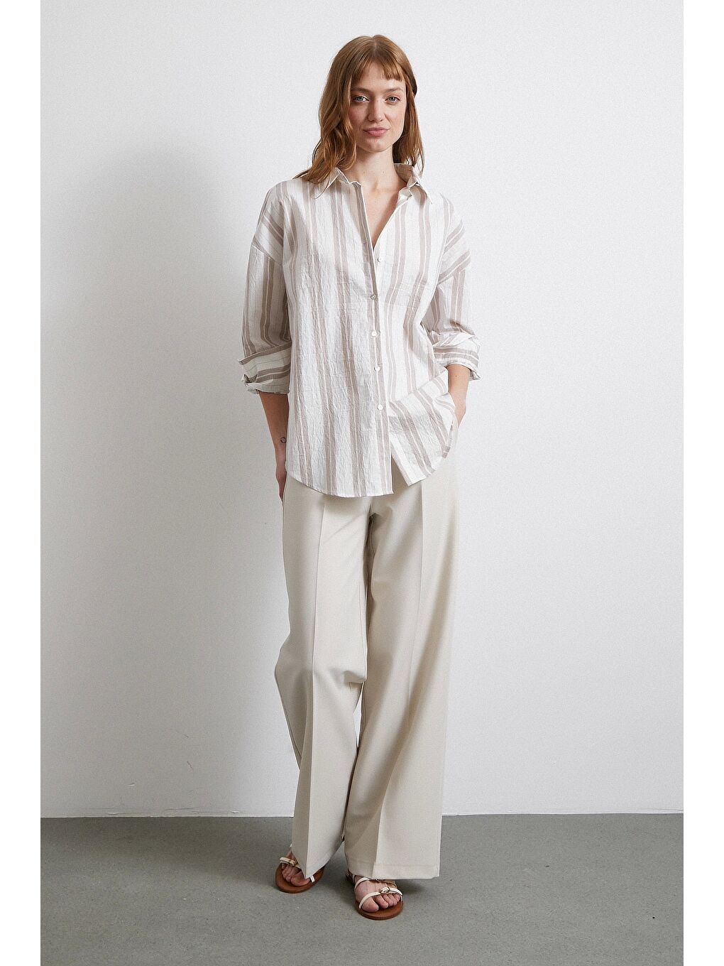 Kahve Çizgili Gömlek Ekru-4